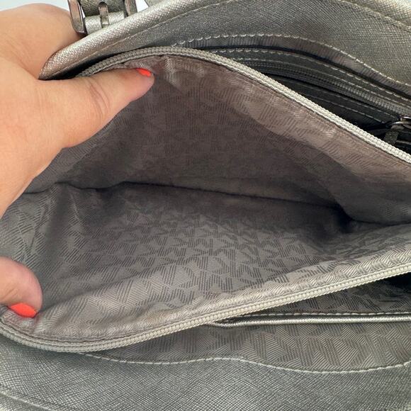 Michael Kors Silver Metallics set jet Tote Bag Purse Handbag Satchel MK Logo - Picture 9 of 13